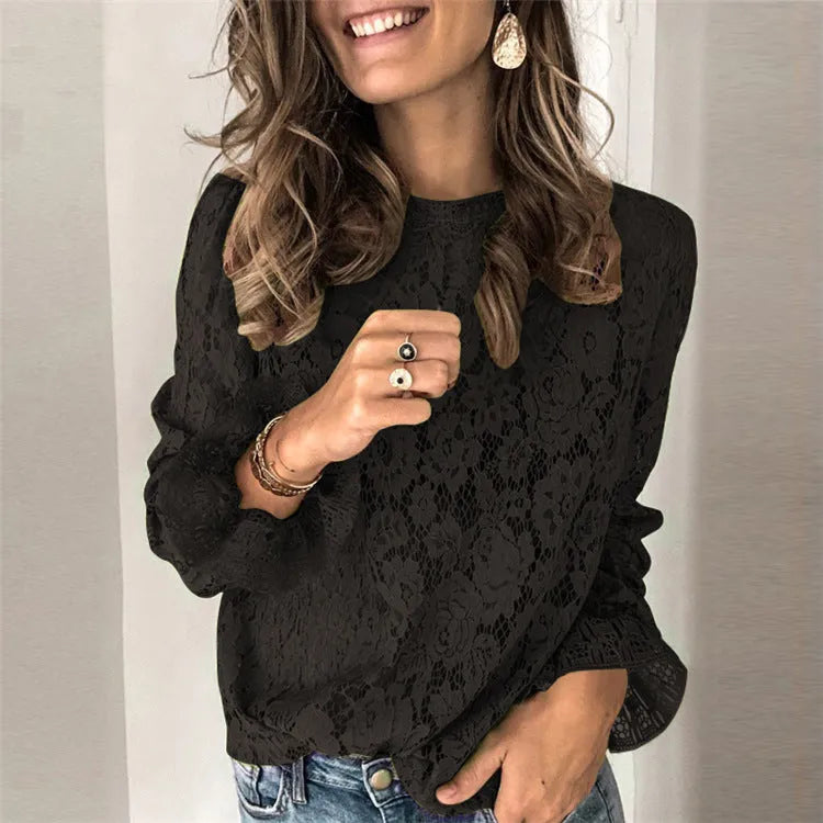 Women's loose fit hollow lace street shirt in green, showing round neck and long sleeves.