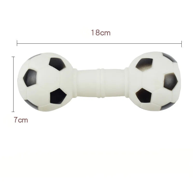 Non-toxic PVC football dumbbell shaped squeaky dog chew toy in brown, orange, white, or yellow.