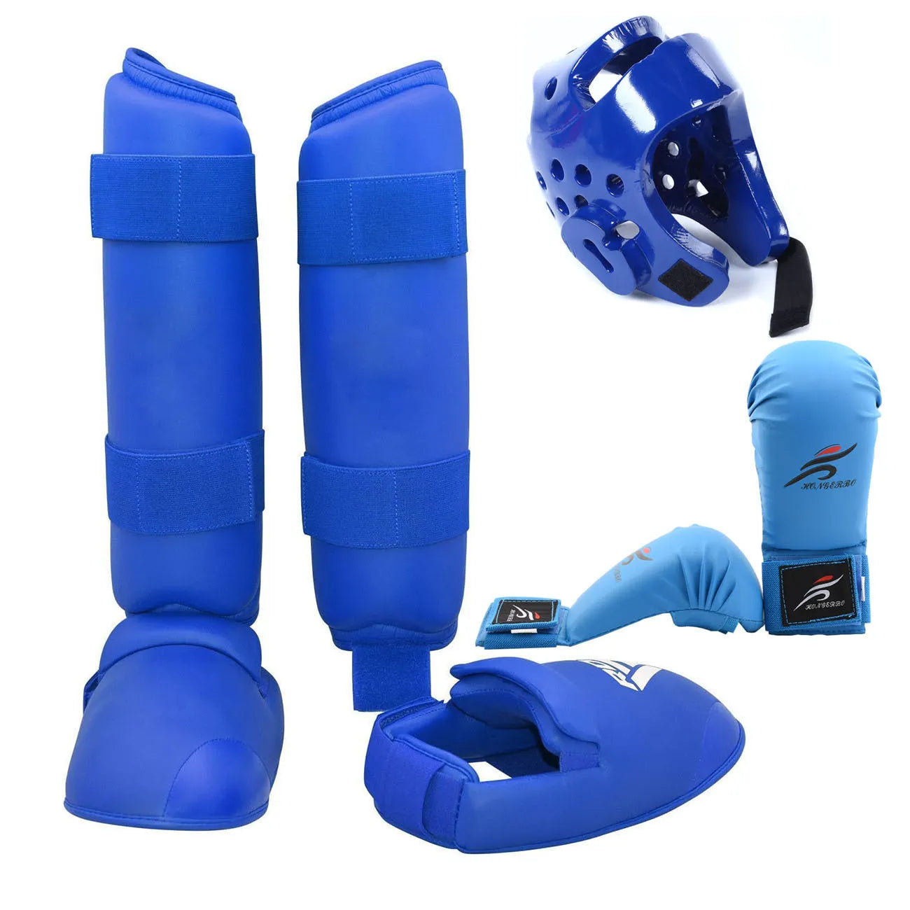 Red and blue karate taekwondo protective gear set with leg guards, helmet, and boxing gloves.
