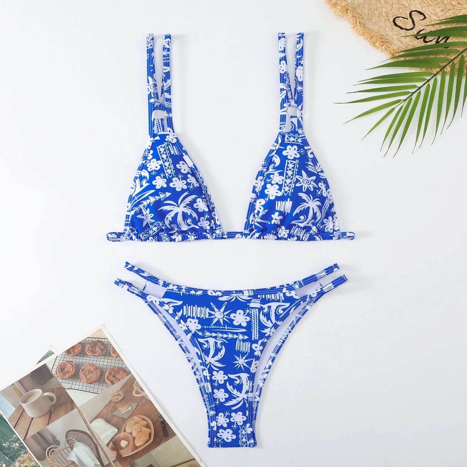 Women's floral printed halter swim briefs set in polyester fabric with multiple colour options