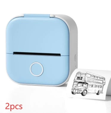 Compact Bluetooth-enabled thermal label printer in white, pink, and green colors with various label options