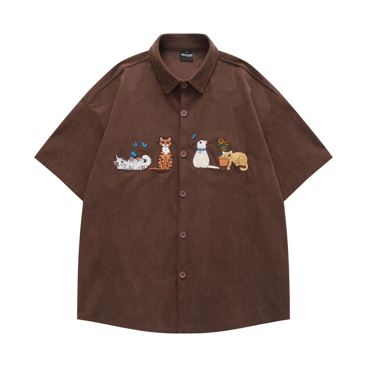 Loose cartoon pattern shirt with embroidery details in apricot, brown, or black