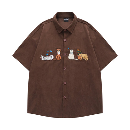 Loose cartoon pattern shirt with embroidery details in apricot, brown, or black