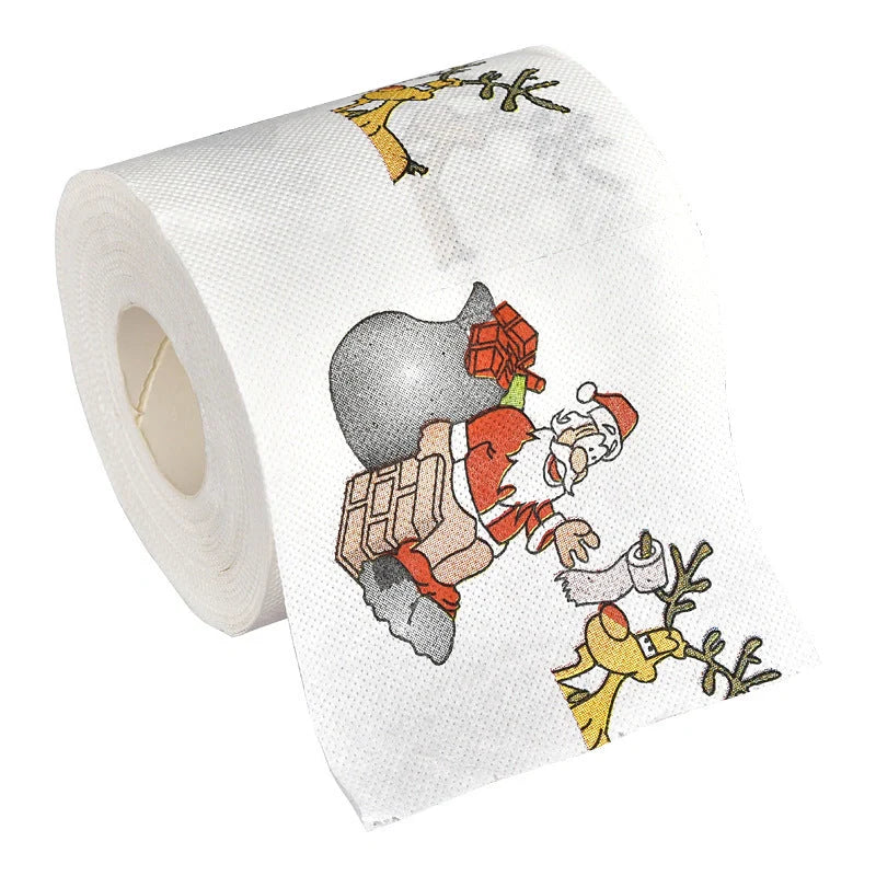 Christmas-themed toilet paper roll with Santa Claus and holiday designs