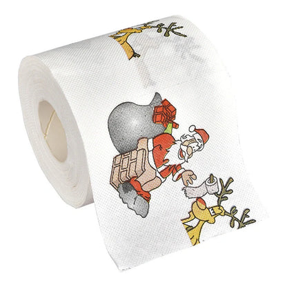 Christmas-themed toilet paper roll with Santa Claus and holiday designs