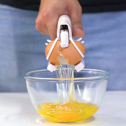 White handheld egg cracker and separator kitchen tool with curved plastic design