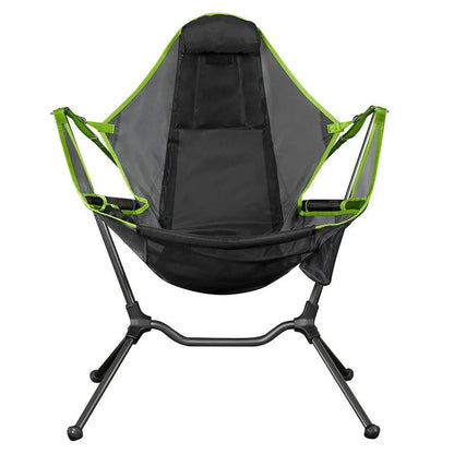 Green folding rocking chair unfolded on beach, 85cm tall with 60cm seat supporting 120kg