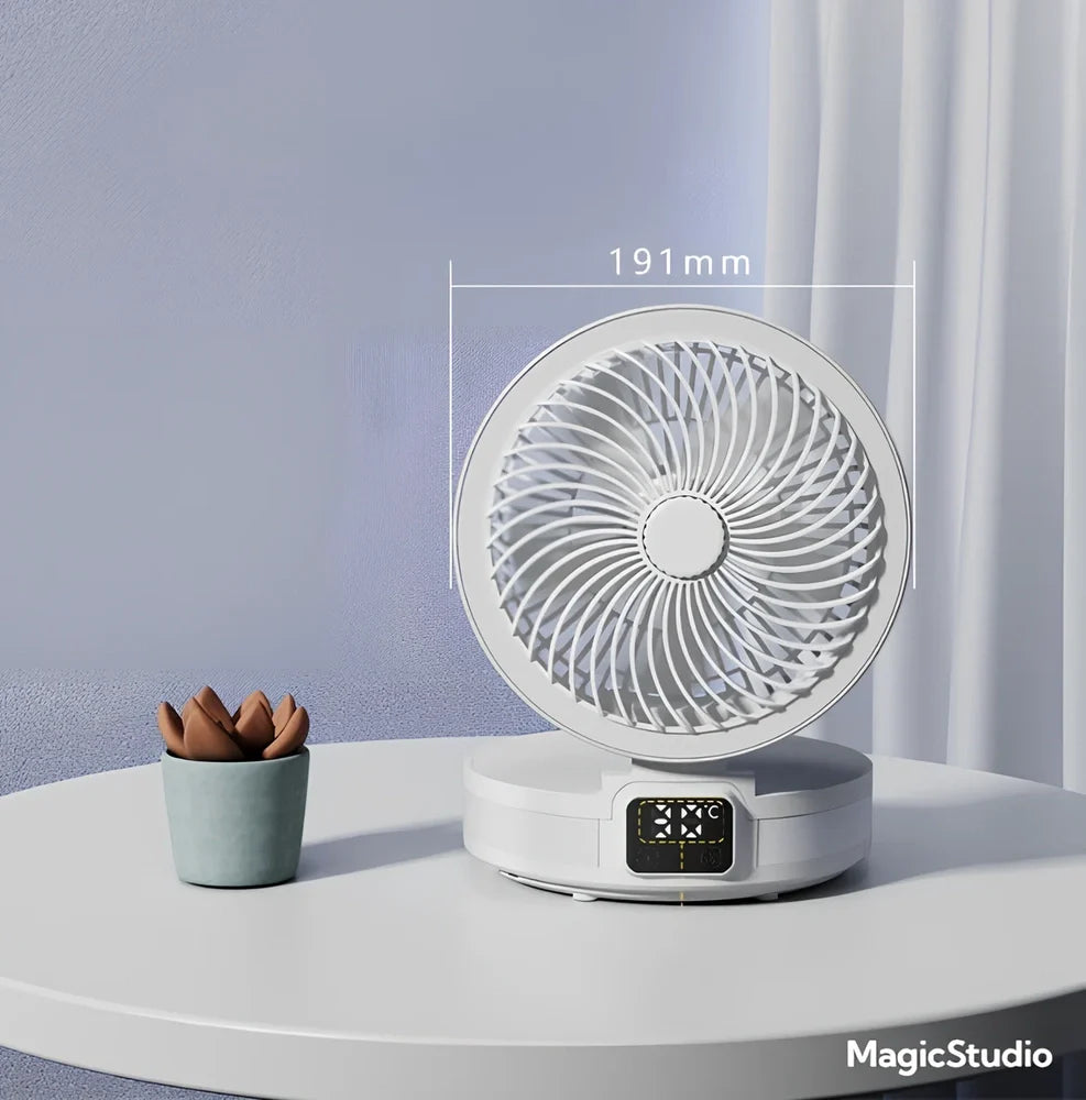 Black 7-inch portable folding desk fan with hook, LED, and temperature display on white background