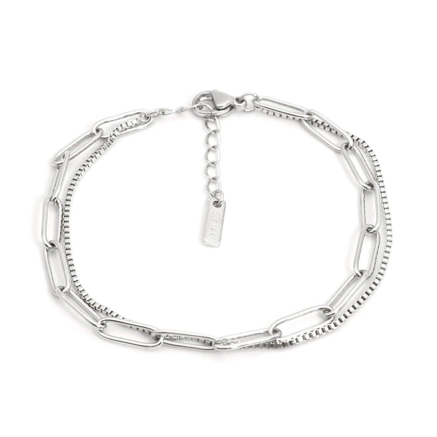 Double layer geometric women's bracelet in gold or silver electroplated finish with linear design elements