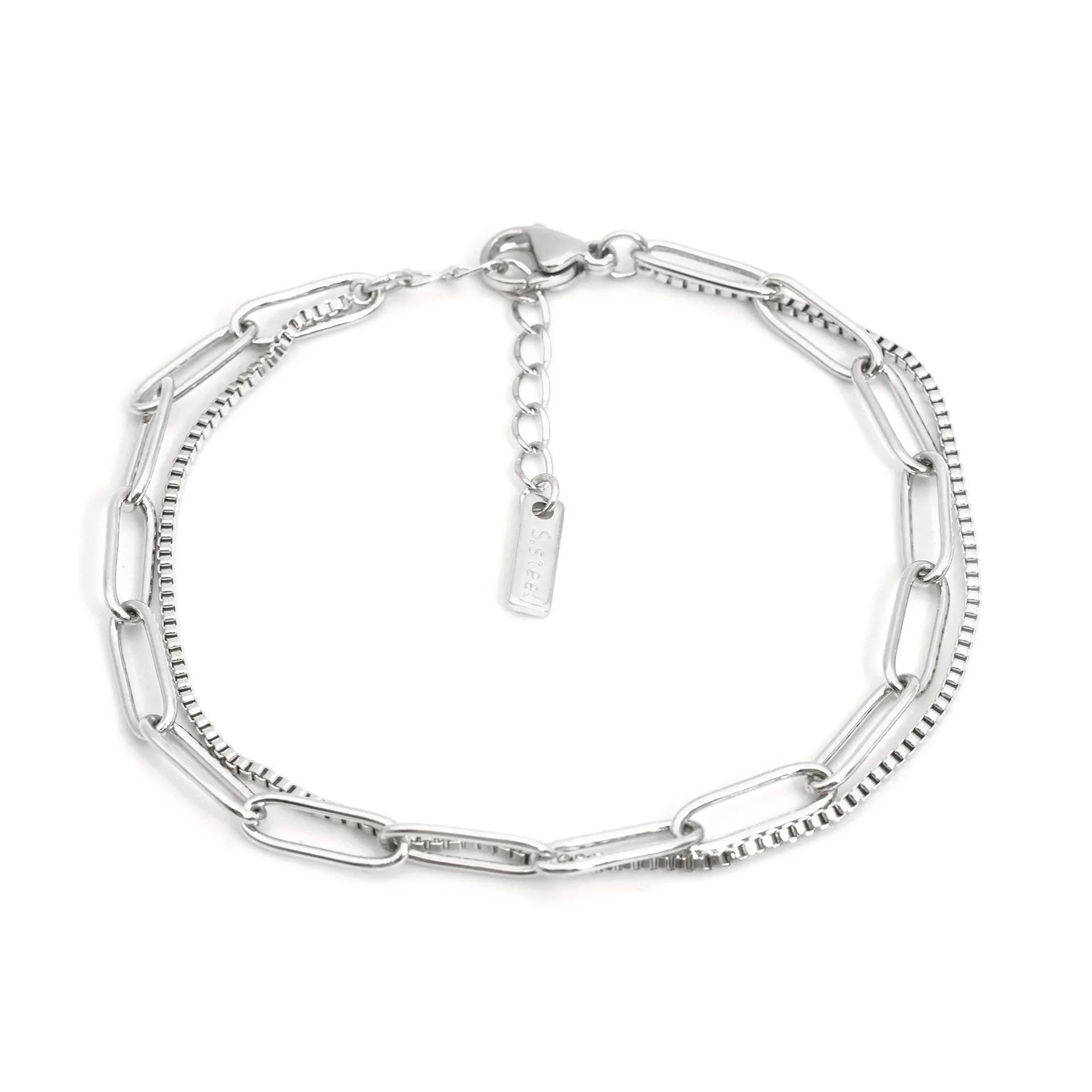 Double layer geometric women's bracelet in gold or silver electroplated finish with linear design elements