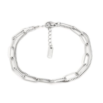 Double layer geometric women's bracelet in gold or silver electroplated finish with linear design elements