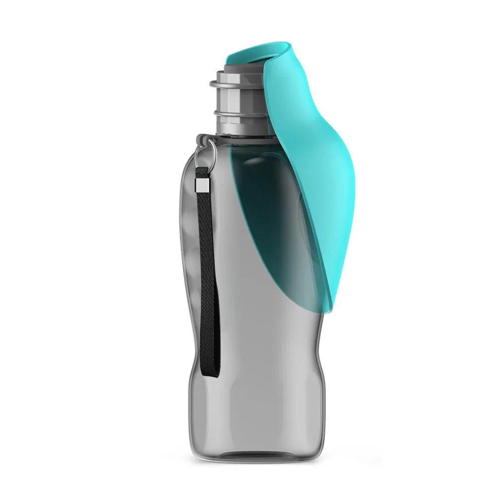 Blue grey portable dog water bottle with fold-out drinking bowl, shown with a wrist strap.
