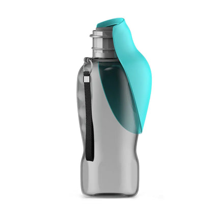 Blue grey portable dog water bottle with fold-out drinking bowl, shown with a wrist strap.