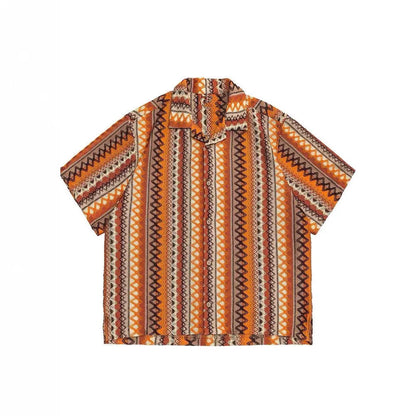 Ethnic woven shirt with contrasting colours and Cuban collar in loose fit with drop shoulders
