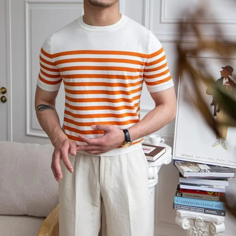 Men's striped short sleeve polyester T-shirt, pullover summer top, blue orange or white, sizes M to XXXL