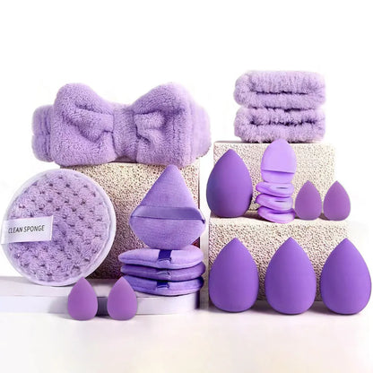 Beauty tool set with hydrophilic non-latex tools for facial cleansing and makeup application in various colours
