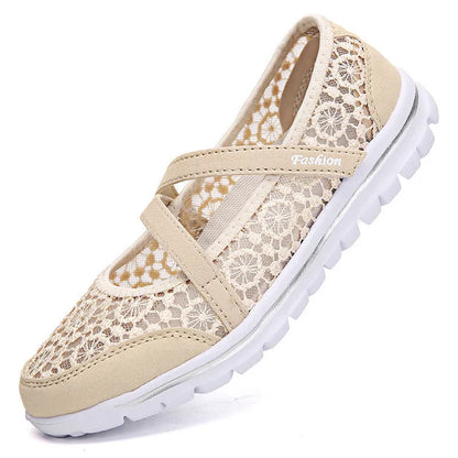 Women's beige lace-up casual flat shoes with a breathable mesh upper and round toe.