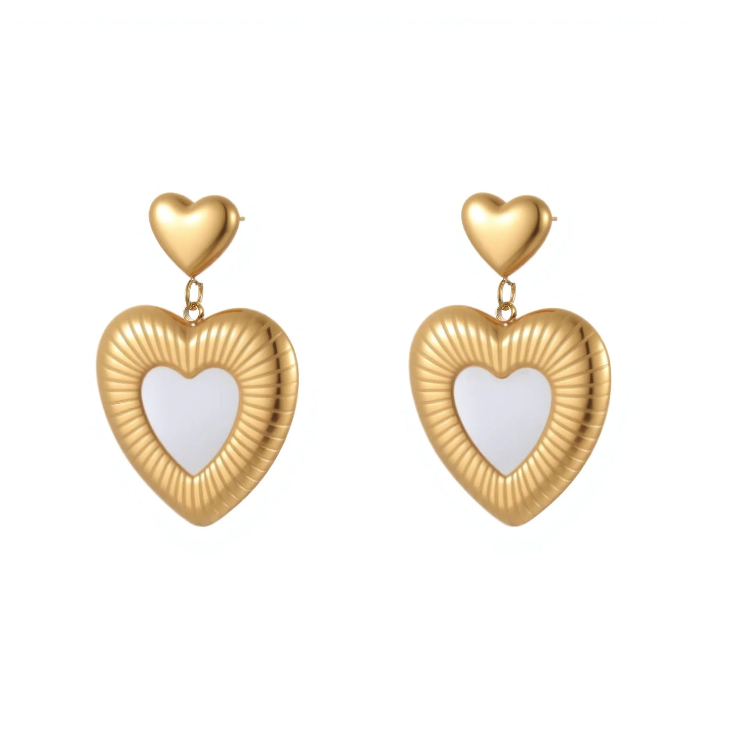 Women's gold heart fritillary earrings with stainless steel construction and 18K electroplating
