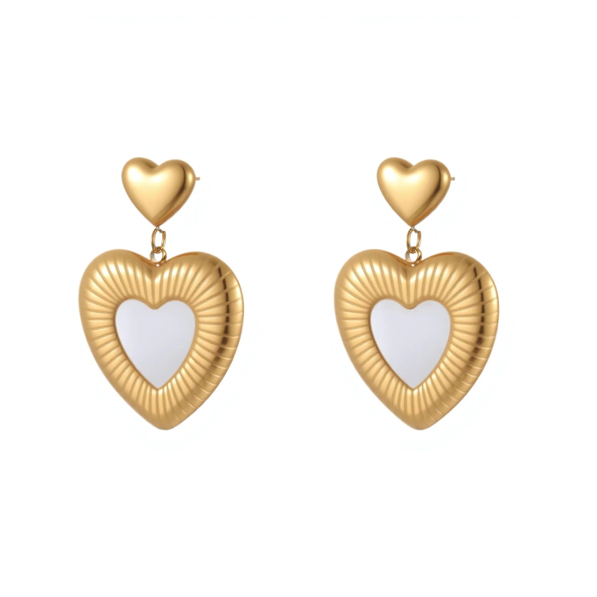 Women's gold heart fritillary earrings with stainless steel construction and 18K electroplating
