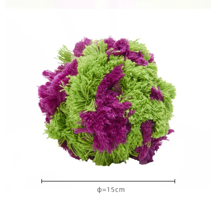 Purple plush dog chew ball toy approximately 15cm diameter for interactive play