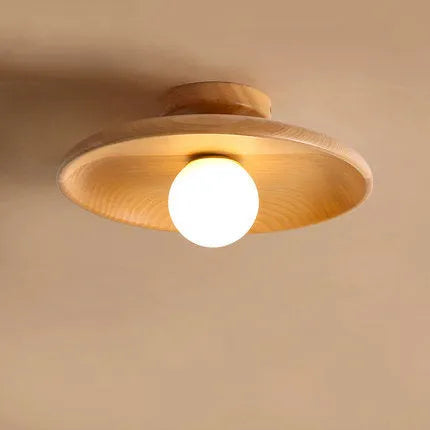 Solid wood minimalist ceiling lamp with glass shade in wood or walnut finish