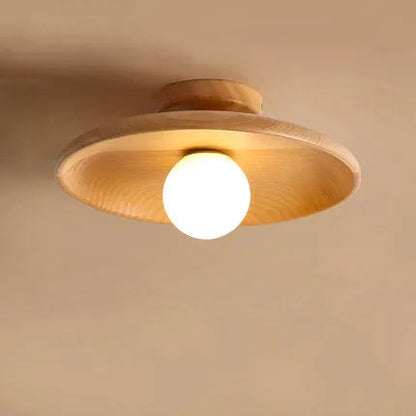 Solid wood minimalist ceiling lamp with glass shade in wood or walnut finish