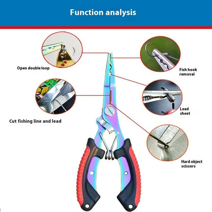 SS420 steel fishing pliers with ABS plastic handle in blue, green or red, shown with nylon bag and carrying strap