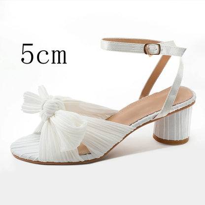 Satin bowknot fish mouth high heel sandals with thick heel and buckle fastening in black