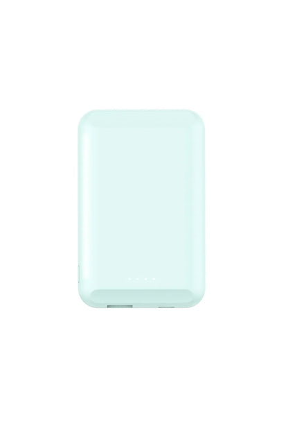 Magnetic wireless power bank in five colour options showing compact 85mm design with 5000mAh capacity