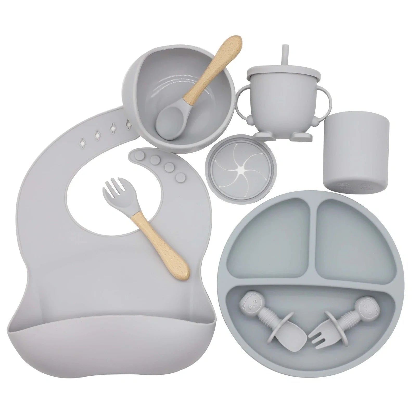 10-piece silicone baby feeding set in dark red, FDA-certified with heat resistance -40°C to +220°C for safe complementary food
