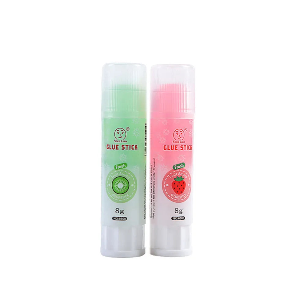 Jelly solid glue stick with fruit scent, 8.5 cm long, for student and craft use.
