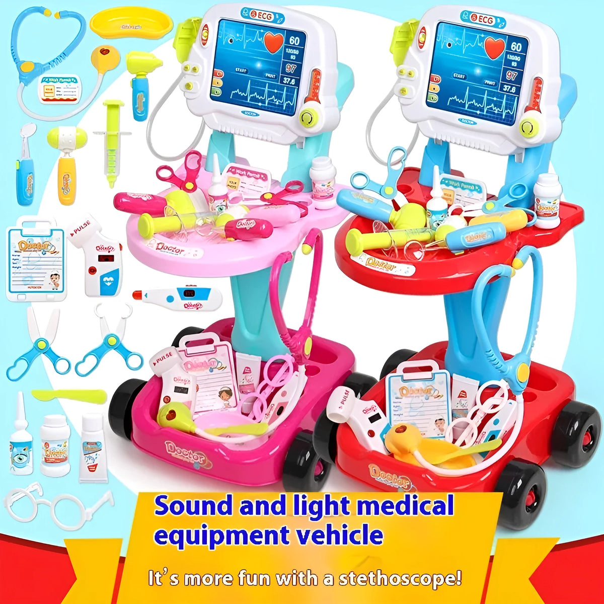 Pink children's simulation medicine box toy with ECG monitor and plastic construction, 1.4kg