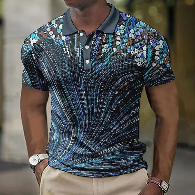 Men's geometric striped button shirt with asymmetric design and short sleeves
