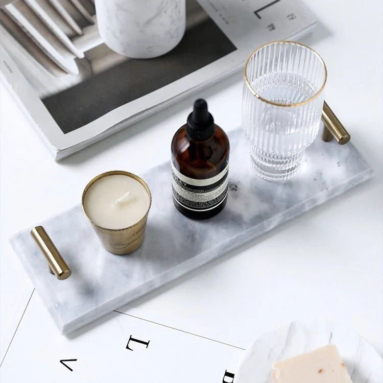 Nordic style marble tray for desserts and jewellery organisation