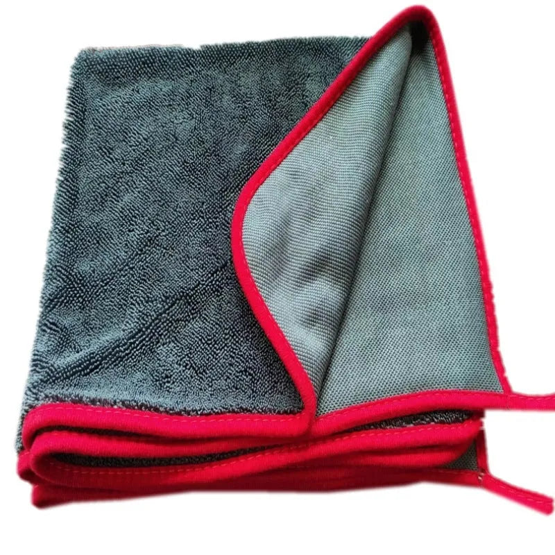 Grey car wash towel with black hemmed edge shown in multiple size options for vehicle cleaning