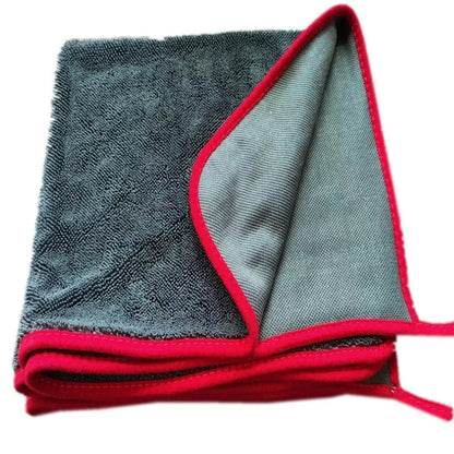 Grey car wash towel with black hemmed edge shown in multiple size options for vehicle cleaning
