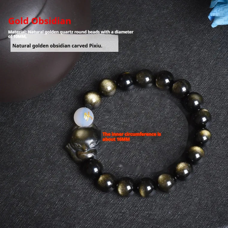 Natural obsidian stone bracelet with 10mm beads in gold, silver or black zodiac guardian styles