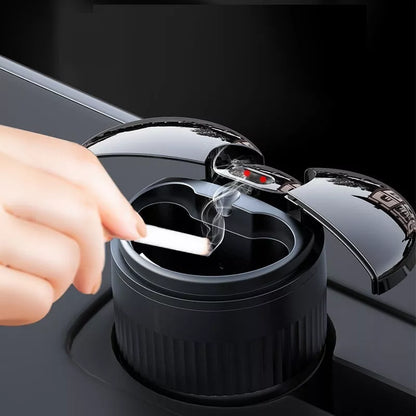 Smart car ashtray with lid and USB Type-C charging port in black, red, silver, brown, and green