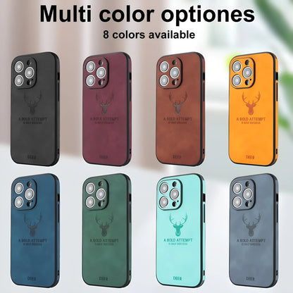 iPhone 16 magnetic charging case with a raised 3D embossed moose head pattern on a faux leather back in dark green.