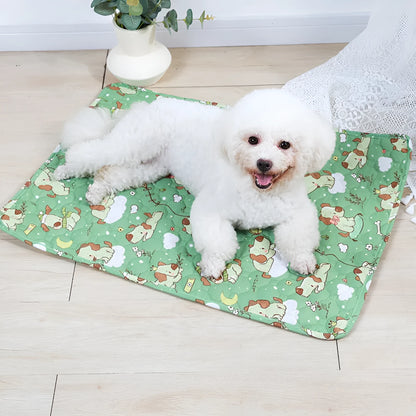 Reusable washable pet urine pad showing colourful animal pattern and waterproof backing.