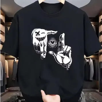 Men's mesh T-shirt with cartoon pattern in bird eye cloth polyester, showing round neck and short sleeve design