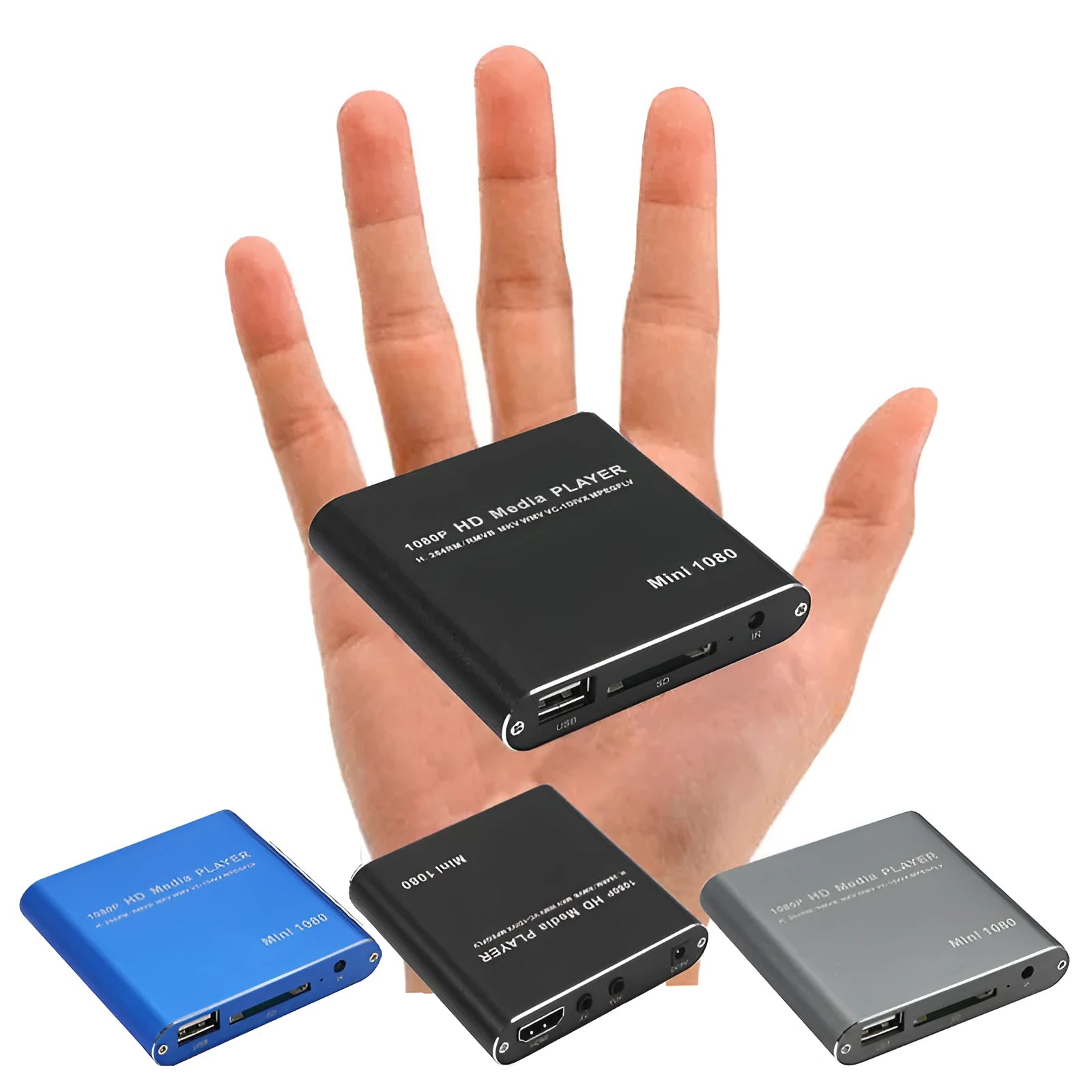1080p Full HD media player in black metal case with SD card slot, USB port and HDMI output