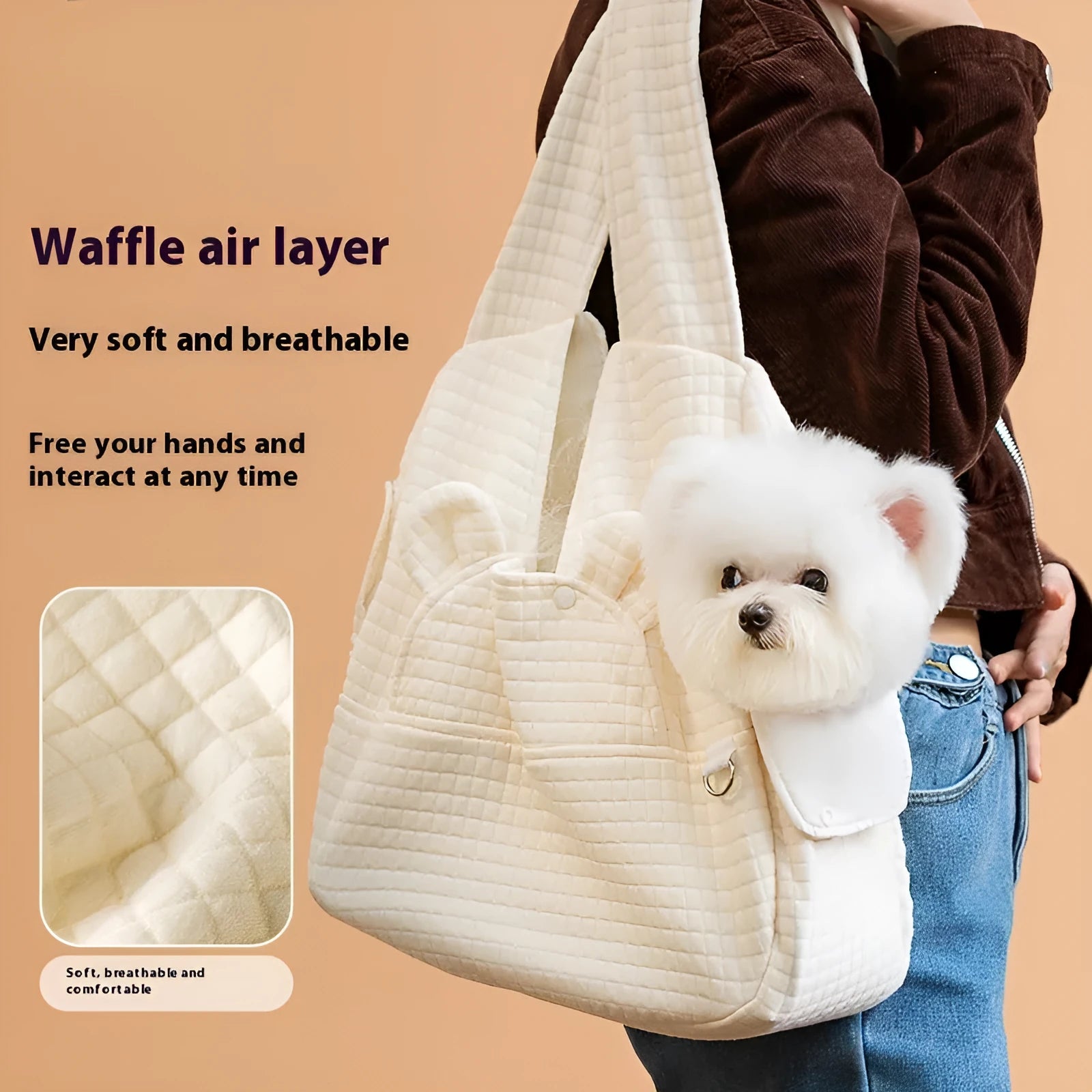 Grey quilted pet diaper backpack with cross-body strap for small dogs and cats