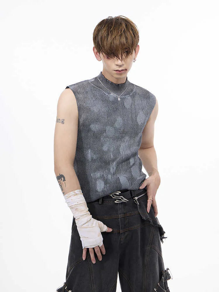 Men's black silver pastebrushing sleeveless t-shirt with stand collar and wool vest styling