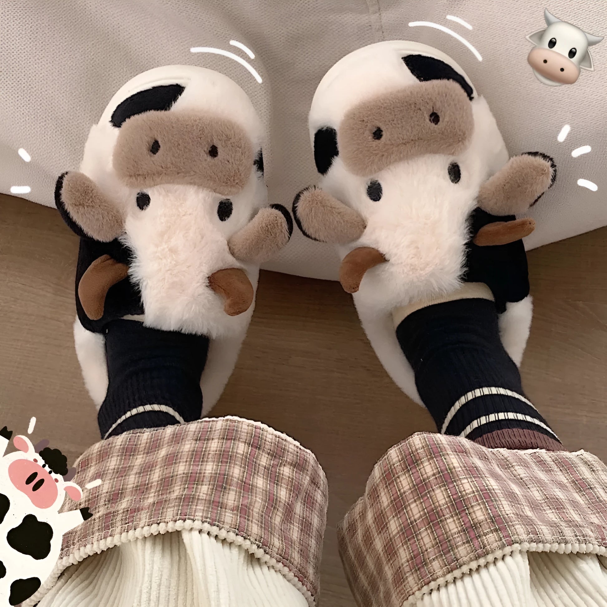 White cow animal slippers with plush faux fur and non-slip PVC soles for women
