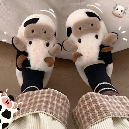 White cow animal slippers with plush faux fur and non-slip PVC soles for women