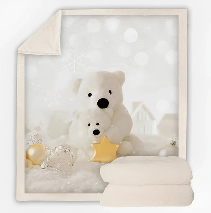 Christmas pattern coral fleece blanket on sofa showing HD printing detail and modern minimalist design
