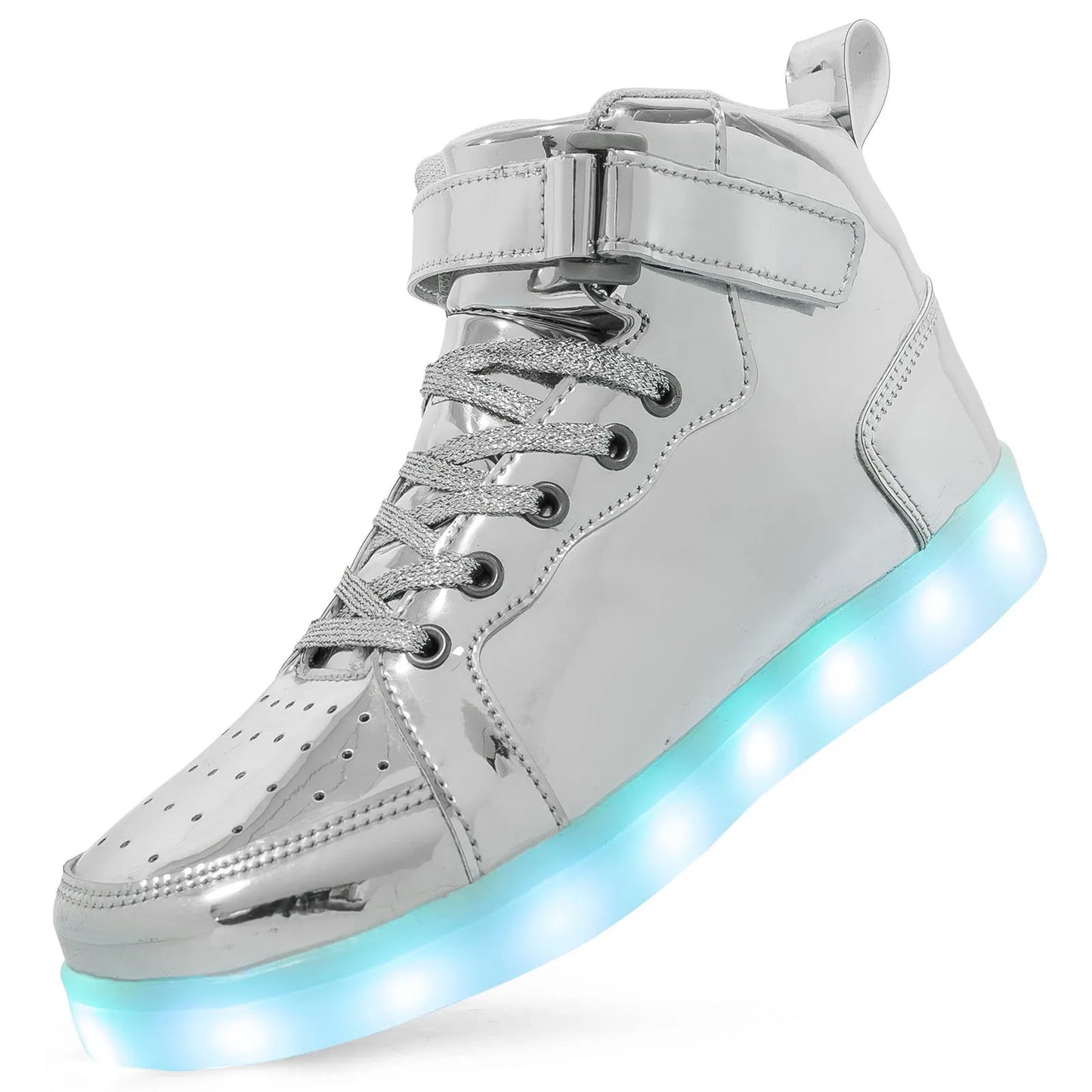 LED light-up high-top board shoes with velcro fastening in black, gold and white colours