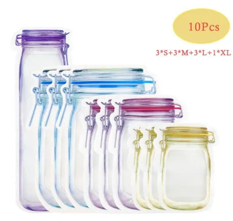 Red reusable self-sealing plastic bag for snacks with zipper closure, shown with biscuits.