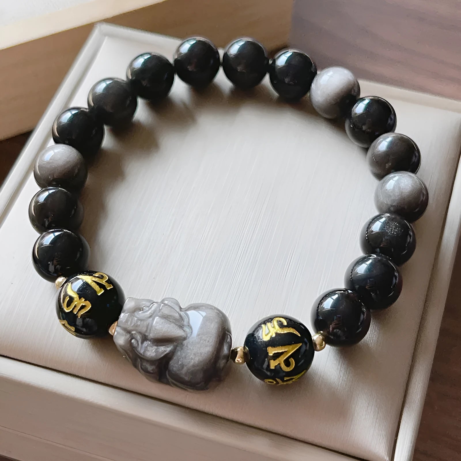 Silver Stone men's bracelet with Chinese style design and zodiac proverbs engraving